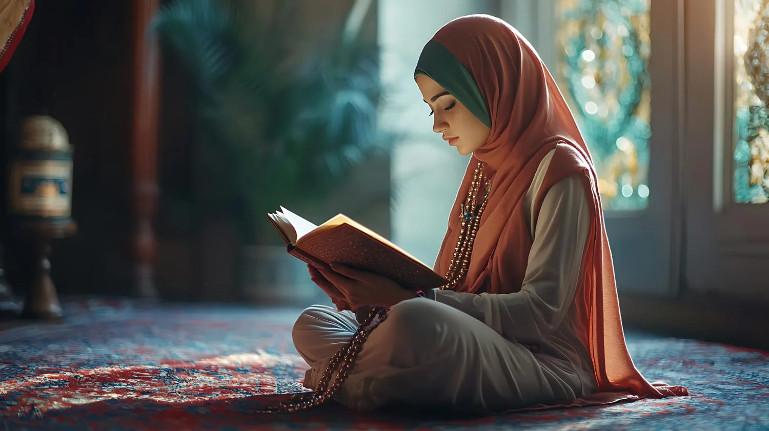 أكادمية استقامة لتحفيظ القرأن الكريم 10 امرأة محجبة تتلو القرآن الكريم في جلسة هادئة