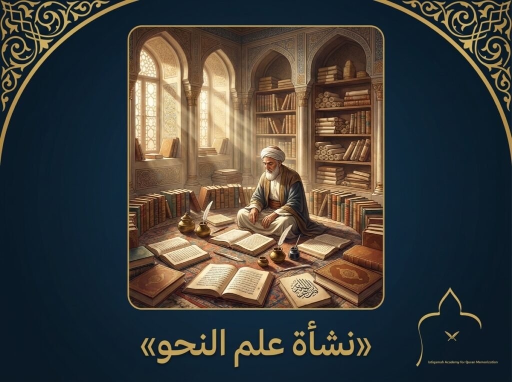 صورة تعبيرية عن تاريخ نشأة علم النحو — أكاديمية استقامة