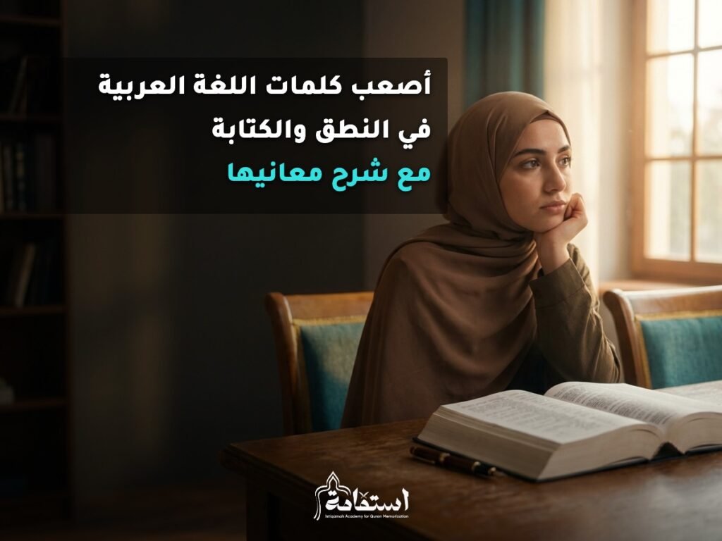 طالبة تتأمل معجمًا مفتوحًا تعبيرًا عن أصعب كلمات اللغة العربية في النطق والكتابة