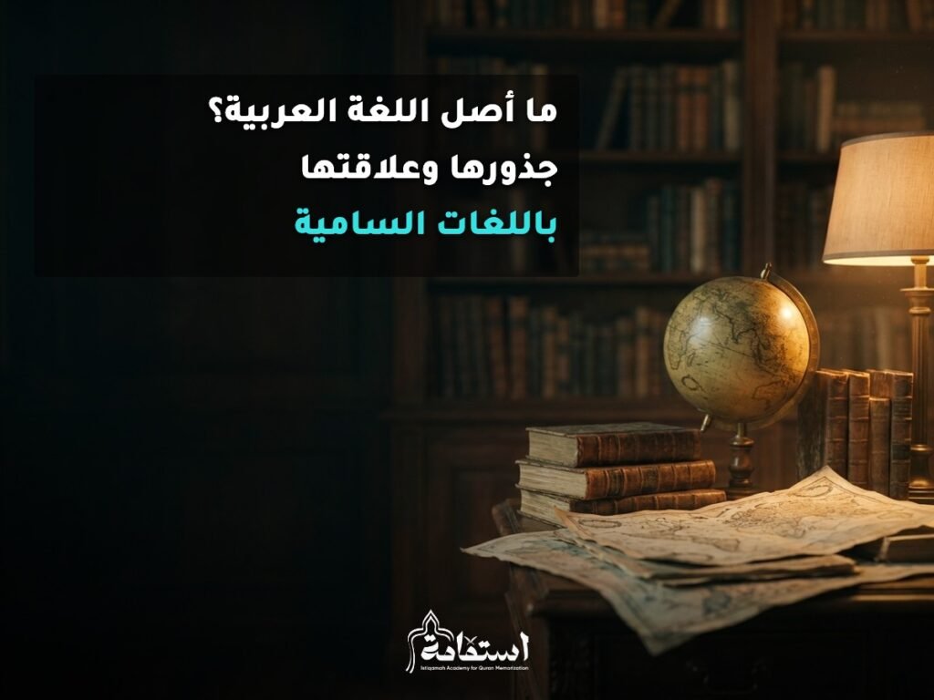 كرة أرضية نحاسية وخرائط وكتب تاريخية تعبيرًا عن جذور اللغة العربية وعلاقتها باللغات السامية
